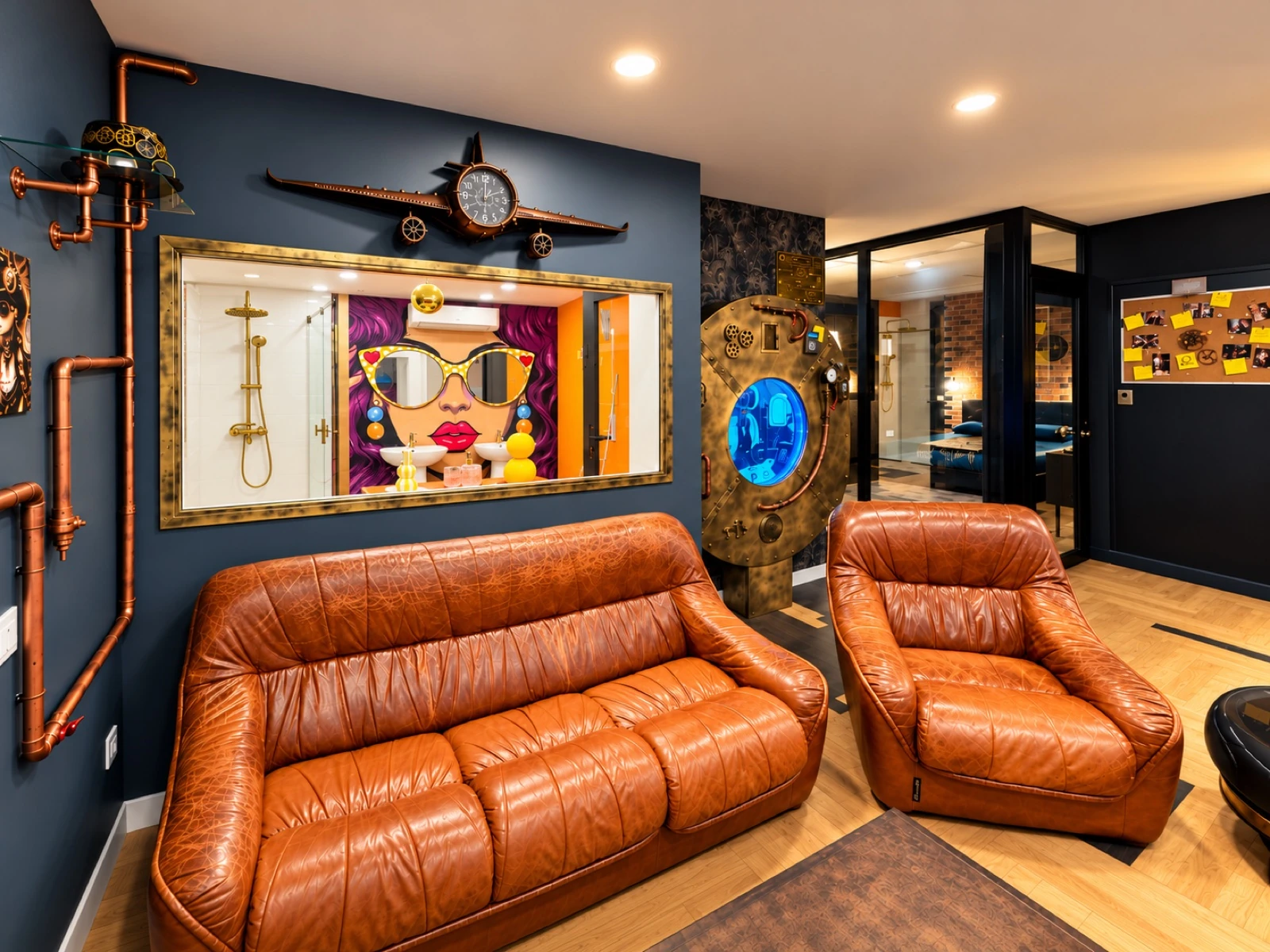 Salon du Docteur Tempus avec ses fauteuils en cuir, son portail bleu et la salle de bain visible derrière la verrière.